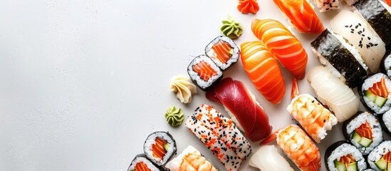 Poster - Sushi set featuring sashimi and sushi rolls with copy space image on a white backdrop.