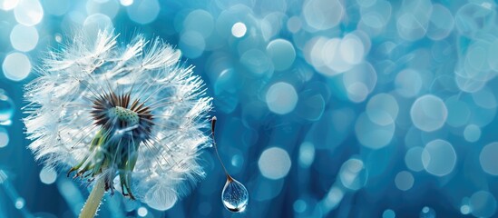 Poster - Soft focus fluffy dandelion seed with dew drop over blue backdrop, creating a serene copy space image.