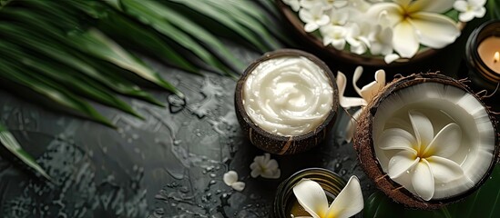 Poster - Coconut oil and cream with exotic foliage and blossoms create a serene natural spa setting in a copy space image.