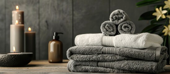 Poster - Neatly arranged towels prepared for the spa with copy space image.
