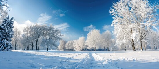 Fototapete - Clear winter day in the park with snow-covered trees, ideal for a copy space image.