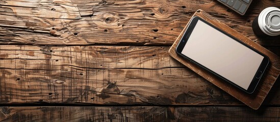 Poster - Wooden table background with a notebook keyboard and smartphone displaying a blank screen, ideal for a copy space image.