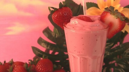 Wall Mural -   Tall glass strawberry milkshake with strawberries on the rim and a flower in the backdrop