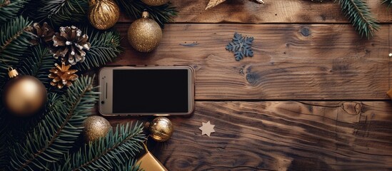 Poster - New year decoration with a smartphone placed on a wooden table with a generic copy space image.