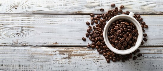 Aufkleber - Coffee beans filled cup on a white wooden backdrop with copy space image.