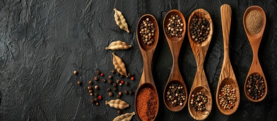 Poster - Top view of wooden spoons filled with dry spices on a black background with room for a copy space image.