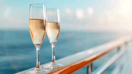 Champagne glasses are on the railing on board the ship, vacation and travel concept