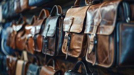 Leather bags displayed in a store. A variety of leather bags hanging in a store, perfect for showcasing craftsmanship and style