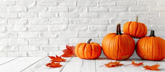 Aufkleber - Pumpkins with a white brick wall as a backdrop creating a copy space image.