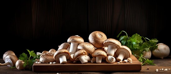 Poster - Rustic-style setup featuring fresh champignon mushrooms on a wooden board against a black background, leaving room for text in the copy space image.