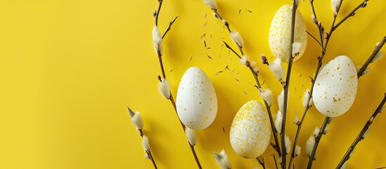 Poster - Closeup of a yellow background with pussy willow branches, tulip flower, and painted Easter eggs, leaving room for additional content in the photograph.