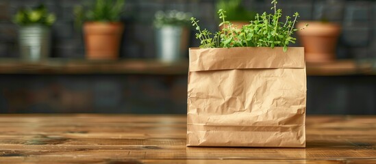 Leinwandbilder - Copy space image of a plain brown paper bag for lunch or food placed on a wooden table.