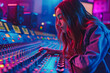 © Outsiderzone - Talented Female Audio Engineer Crafting Modern Sound in Recording Studio Creative Musician Producing New Song on Control Desk