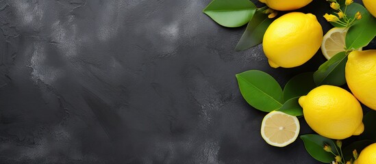 Poster - Top view of fresh lemons placed on a grey background with ample copy space image available.