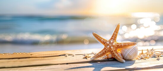 Aufkleber - Starfish and shell on the light deck with copy space image.