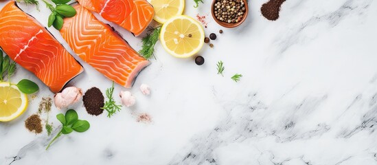 Poster - Flat lay of fresh salmon, marinade ingredients on white marble with copy space image.