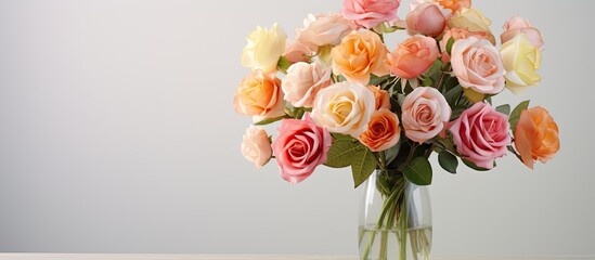 Aufkleber - Floral arrangement of roses in a vase on a white table with a clear background, ideal for a copy space image.