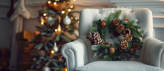 Poster - A Christmas wreath crafted from fir branches adorns a white chair, embellished with organic elements like pine cones, walnuts, and cinnamon, creating festive decor with vacant space for imagery.