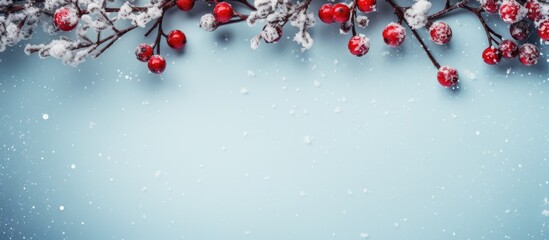 Aufkleber - A festive winter scene with a snowflake and red berry frame on a soft blue backdrop, symbolizing Christmas and New Year. View from above with space for text or images