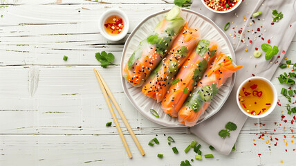 Wall Mural - An overhead shot of colorful spring rolls placed next to a bowl of sauce and chopsticks on a white wooden table