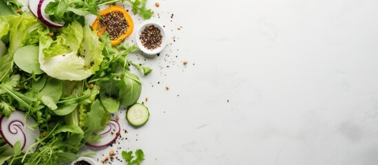 Sticker - Top view of a delectable and nutritious green salad featuring a variety of leaves, veggies, seeds, and feta cheese on a bright concrete surface, with a blank area for text or other elements.