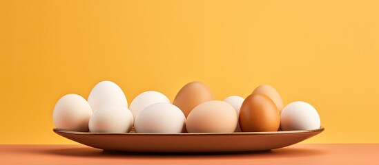 Aufkleber - White and brown eggs sit on a unique plate against a yellow backdrop, perfect for Easter with copy space image available. Focus on nutrition and wellness.