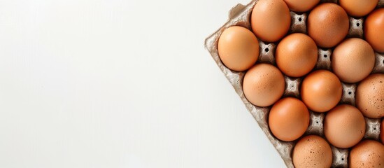 Poster - Top-down view of a box containing fresh chicken eggs on a plain white backdrop, with ample space provided for text in the image.