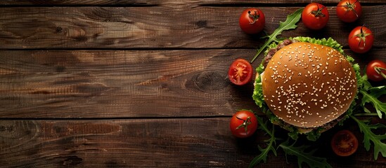 Poster - A hamburger with chicken, tomatoes, and green salad is placed on a wooden table in the copy space image.