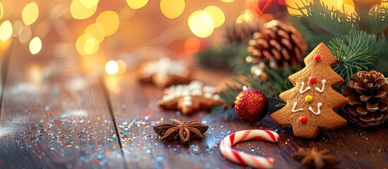 Fototapete - Christmas gingerbread cookies with decorations like fir tree, pine cone, and candy cane on a wooden table, set against a festive bokeh background for a banner with copy space image.