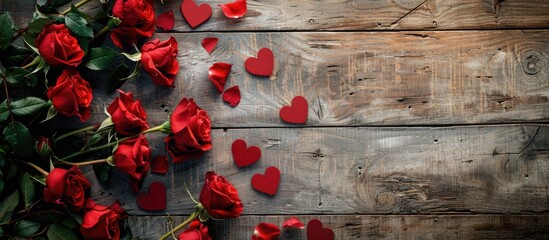 Poster - A lovely arrangement of red roses and hearts on a wooden surface, ideal for Valentine's Day festivities, featuring ample room for text or images alongside.