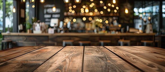 Poster - Create a product display montage using an empty brown wooden table as the focal point with a blurred coffee shop background featuring bokeh, perfect for adding copy space image.