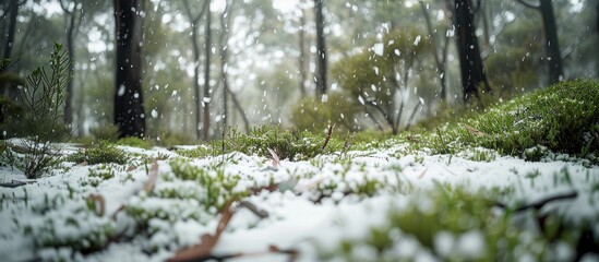 Aufkleber - Stunning macro-photography captures the winter forest floor in Northern Tasmania, featuring a tranquil landscape with abundant flora and a snow-covered terrain, with an inviting copy space image.