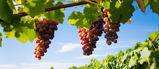 Poster - Cluster of grapes on the vine with lush green leaves, against a backdrop of clear blue sky, ideal for a copy space image.