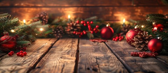 Aufkleber - Festive Christmas backdrop with New Year's and Christmas decorations on a wooden loft-style background, ideal for showcasing with copy space image.
