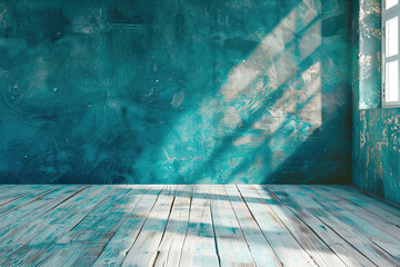 Poster - A room with a blue wall and wooden floor, generative ai image.