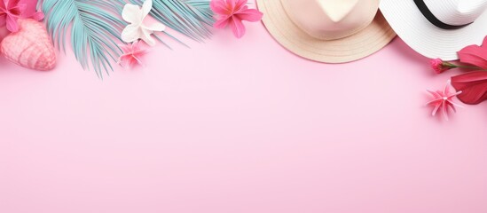 Poster - Top view of summer beach accessories on a pastel pink backdrop, creating a stylish flat lay for tropical fashion. Panoramic banner ideal for text and advertising with copy space image.