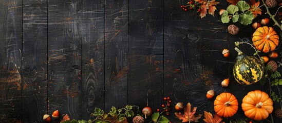 Poster - A fall-themed backdrop featuring pumpkins, autumn foliage, hops, and oak acorns arranged on a dark wooden surface with ample copy space image.