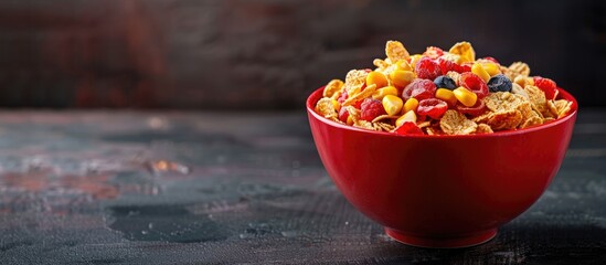 Aufkleber - Red bowl holds cereal flakes with copy space image for breakfast concept. The tasty cereal features fruity flavors and colors, comprising corn, wheat, and barley, set against a dark backdrop.