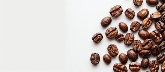 Aufkleber - Close-up of roasted coffee beans on a white background with copy space image.