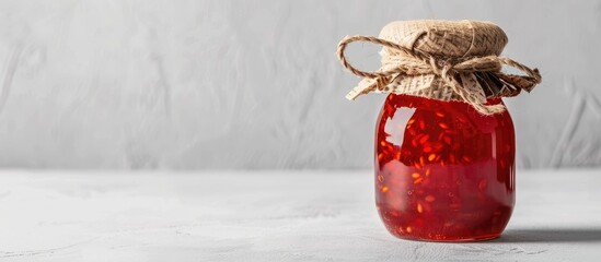 Poster - Red jam jar on a white backdrop with ample copy space image.