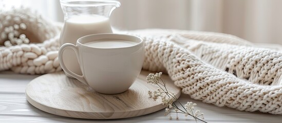 Poster - Crocheted cup of coffee and milk jug with copy space image.