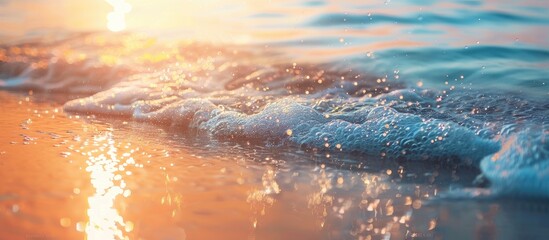 Poster - Beautiful sunset view over the sea with sparkling waves on the sandy beach on a sunny summer day, creating a serene water background, ideal for including copy space image.
