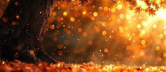 Poster - Beneath the tree's shadow lies a natural orange bokeh background with copy space image.