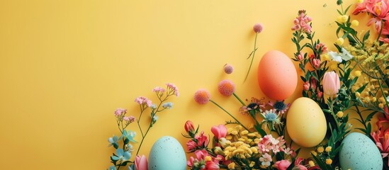 Poster - Colorful Easter egg and spring flowers on a yellow background, ideal for Easter-themed designs. Includes copy space image.