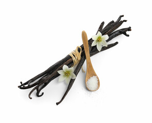 Wall Mural - Vanilla pods, spoon with sugar and flowers isolated on white, top view