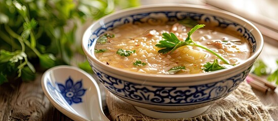 Poster - A bowl of Chinese soup displayed on a table with a traditional spoon, creating an appealing visual with a copy space image.