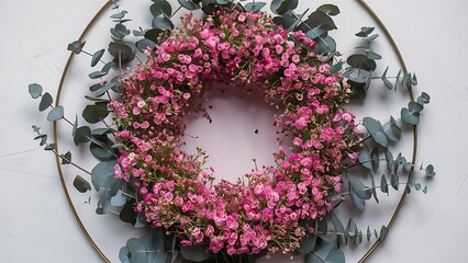 Flowers composition round frame made of pink gypsophila flowers and eucalyptus branches on white background flat lay top view