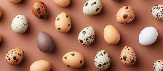 Aufkleber - Brown background showcases creative quail egg pattern with vibrant Easter concept. Colorful eggs on display with copy space image for a unique and healthy breakfast presentation.