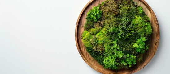 Poster - Top view of a wooden pizza platter covered in green moss against a white background, ideal for sustainable and eco-friendly concepts, with space for adding images.
