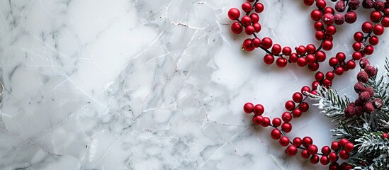Poster - A festive Christmas frame featuring a string of red beads on a sleek marble background, viewed from above with room for text or images.